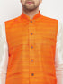 Vastramay Men's Orange Matka Silk Nehru Jacket With Kurta and Pant style Pyjama Set